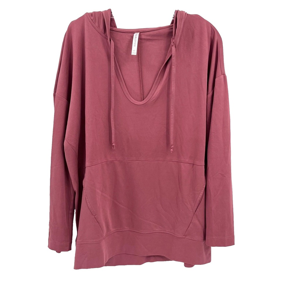 FABLETICS Women's XS Mauve Oversized V-Neck Tie Drop-Sleeve Hooded Shirt Pocket